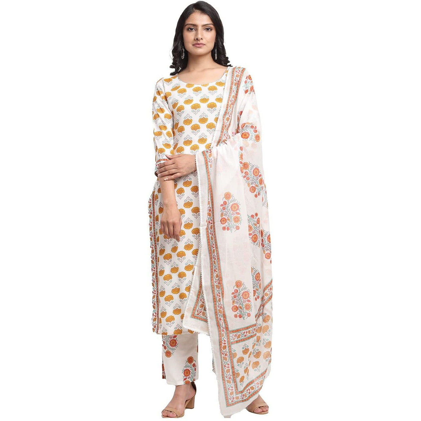 Gosriki Women's Cotton Printed Straight Kurta With Palazzo & Dupatta (Samantha Mustard_Xxl_Mustard_Xx-Large)