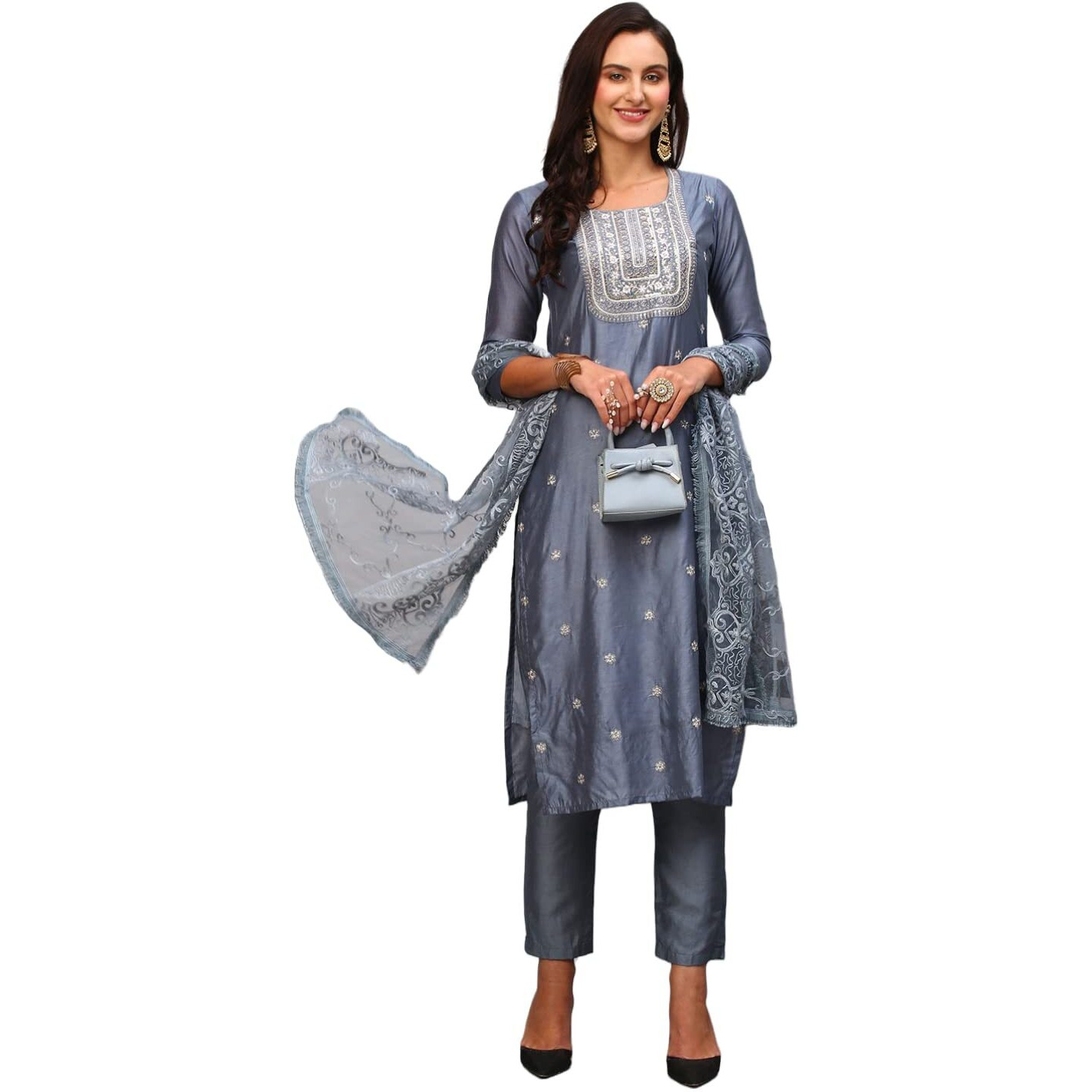 Gosriki Women's Chanderi Cotton Embroidered Straight Kurta With Pant & Dupatta (Tula Grey-Nw-Gs_S_Grey_Small)