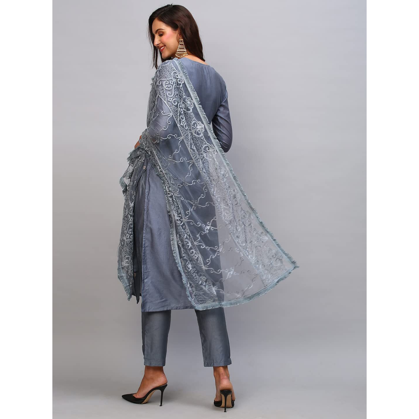 Gosriki Women's Chanderi Cotton Embroidered Straight Kurta With Pant & Dupatta (Tula Grey-Nw-Gs_S_Grey_Small)