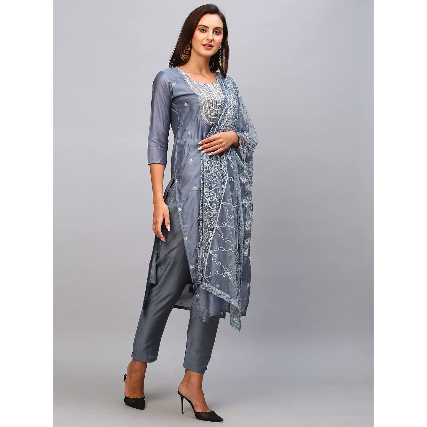 Gosriki Women's Chanderi Cotton Embroidered Straight Kurta With Pant & Dupatta (Tula Grey-Nw-Gs_S_Grey_Small)