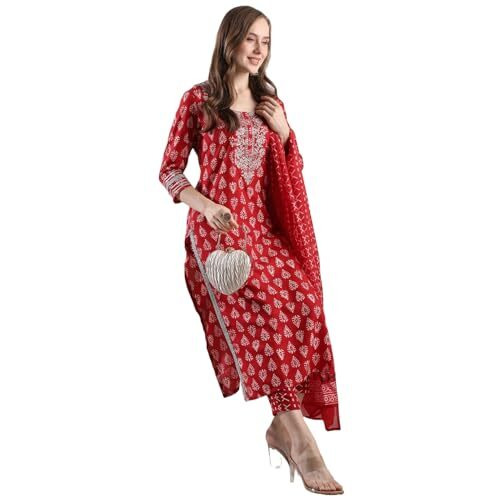 Gosriki Women's Rayon Blend Straight Printed Kurta With Pant & Dupatta (Maasa Red-Vks02-Gs_S_Red_Small)