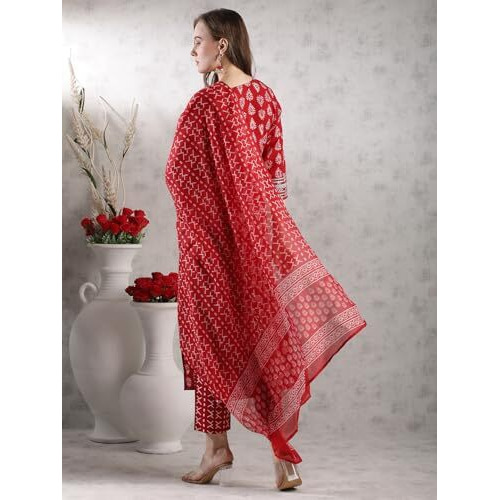 Gosriki Women's Rayon Blend Straight Printed Kurta With Pant & Dupatta (Maasa Red-Vks02-Gs_S_Red_Small)