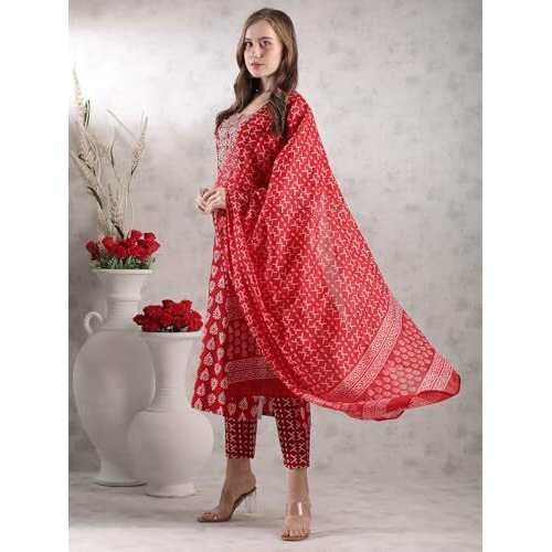 Gosriki Women's Rayon Blend Straight Printed Kurta With Pant & Dupatta (Maasa Red-Vks02-Gs_S_Red_Small)