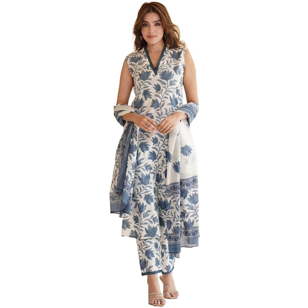 Gosriki Women's Cotton Blend Printed Straight Kurta With Pant & Dupatta (Root White-Gs_Xl_White_X-Large)