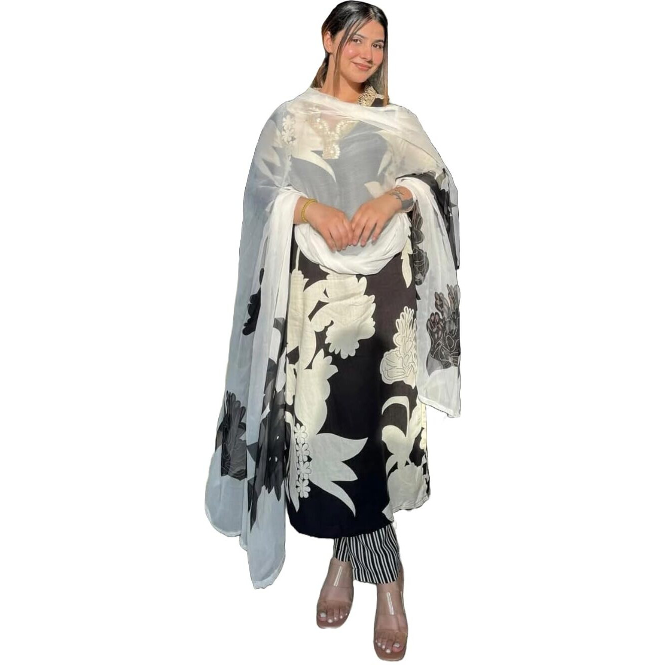 Gosriki Women's Rayon Viscose Printed Straight Kurta With Pant & Dupatta (5Jee Black-Vks03-Gs_Xl_Black_X-Large)