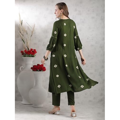 Gosriki Women's Rayon Blend Anarkali Printed Kurta With Pant (Anveshi Methi-Vks03-Gs_Xxl_Green_Xx-Large)