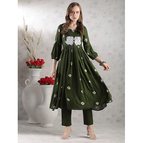 Gosriki Women's Rayon Blend Anarkali Printed Kurta With Pant (Anveshi Methi-Vks03-Gs_Xxl_Green_Xx-Large)