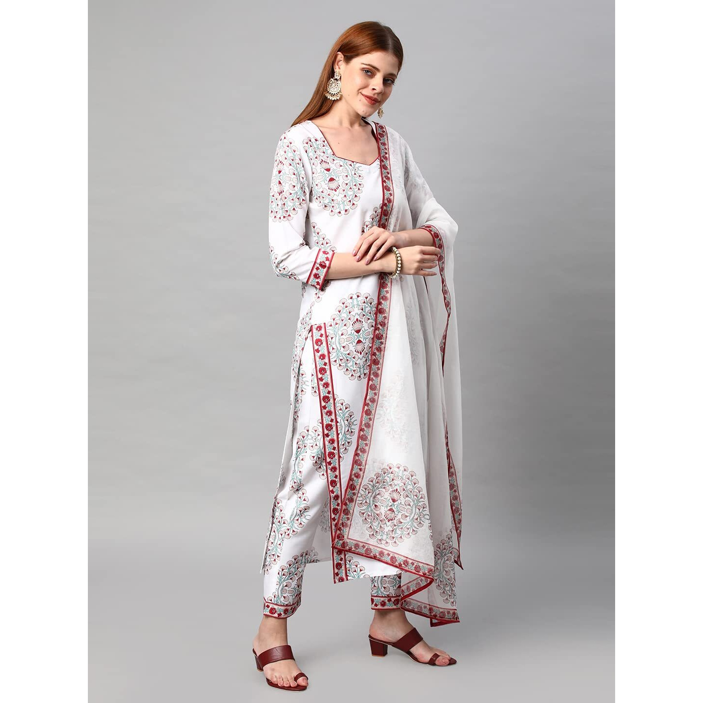 Gosriki Women's Cotton Blend Floral Printed Straight Kurta With Pants & Dupatta (Cup-Off White-Nw-Gs_S_White_Small)