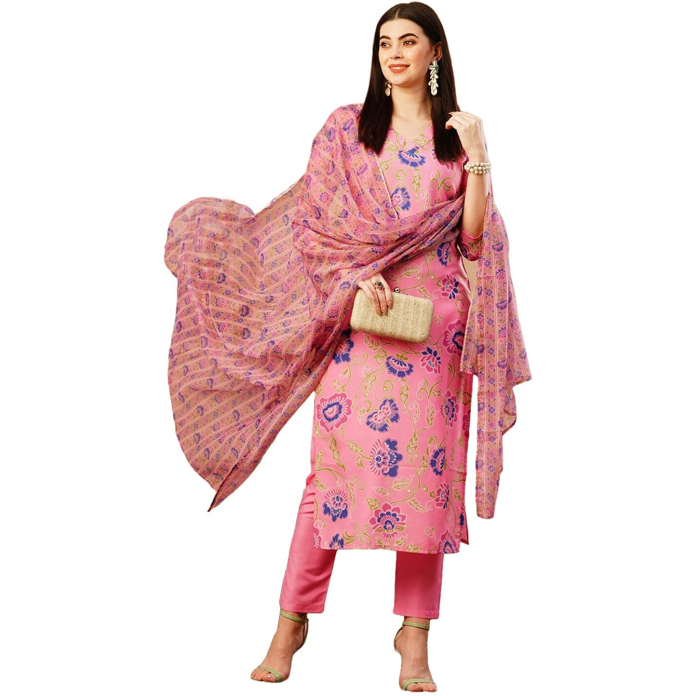Gosriki Women's Cotton Blend Straight Printed Kurta With Pant & Dupatta (Fataki Baby Pink-Nw-Gs_Xl_Pink_X-Large)
