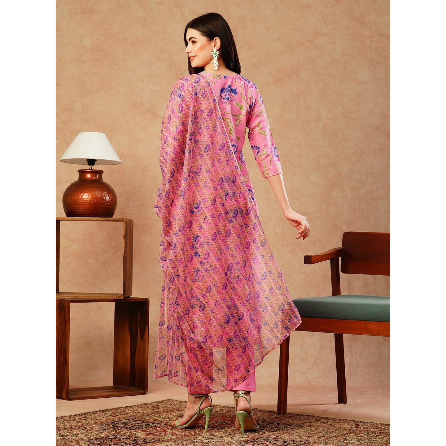 Gosriki Women's Cotton Blend Straight Printed Kurta With Pant & Dupatta (Fataki Baby Pink-Nw-Gs_Xl_Pink_X-Large)