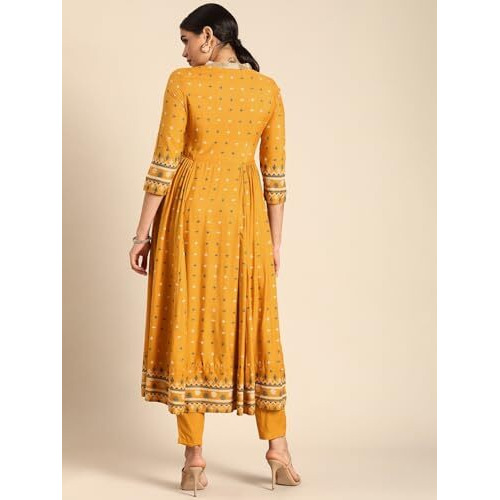 Gosriki Women's Rayon Viscose Anarkali Printed Kurta With Pant (Dawara Yellow-Gs_L_Yellow_Large)