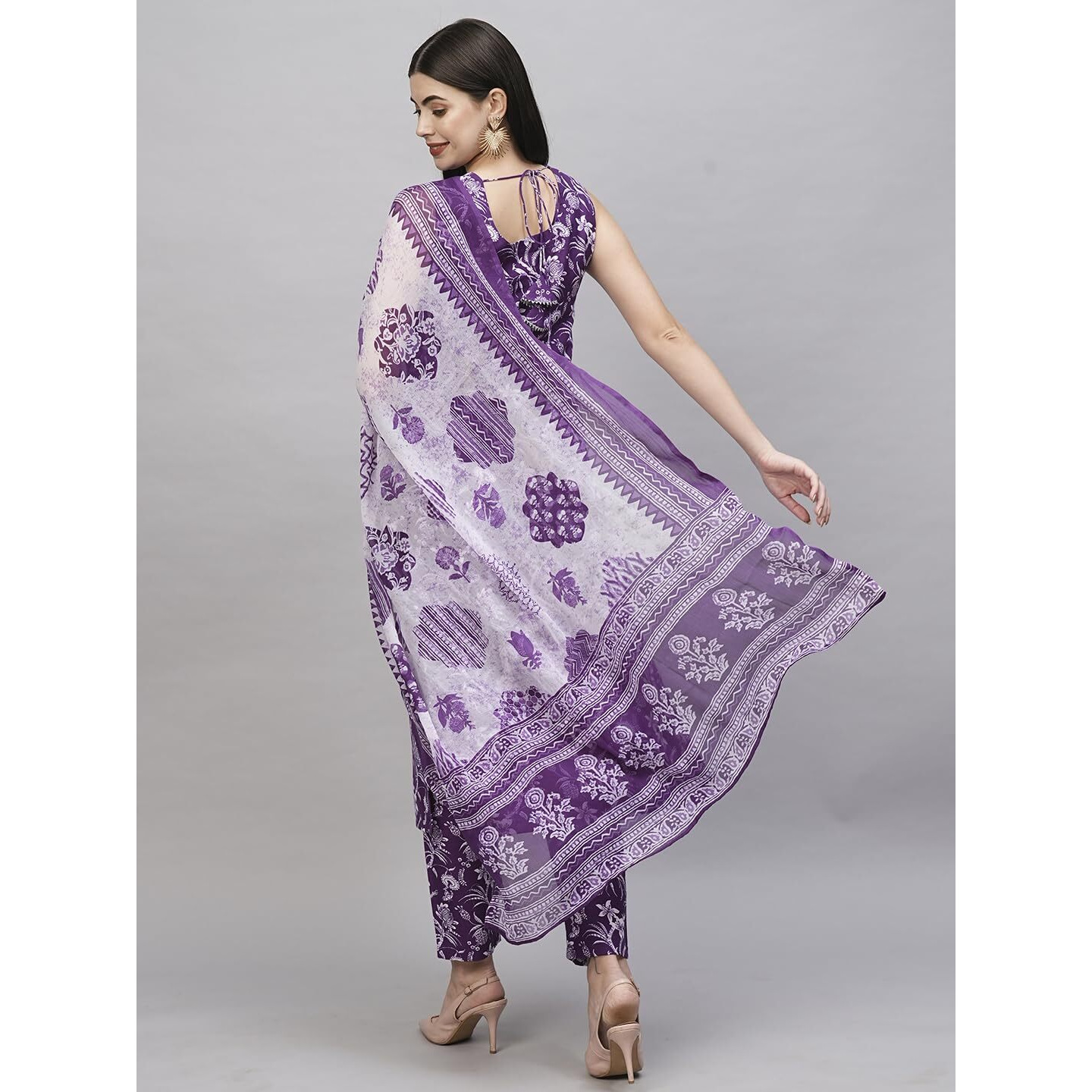 Gosriki Women's Rayon Blend Straight Printed Kurta With Pant & Dupatta (Ball-Purple-Rkg-Gs_L_Purple_Large)