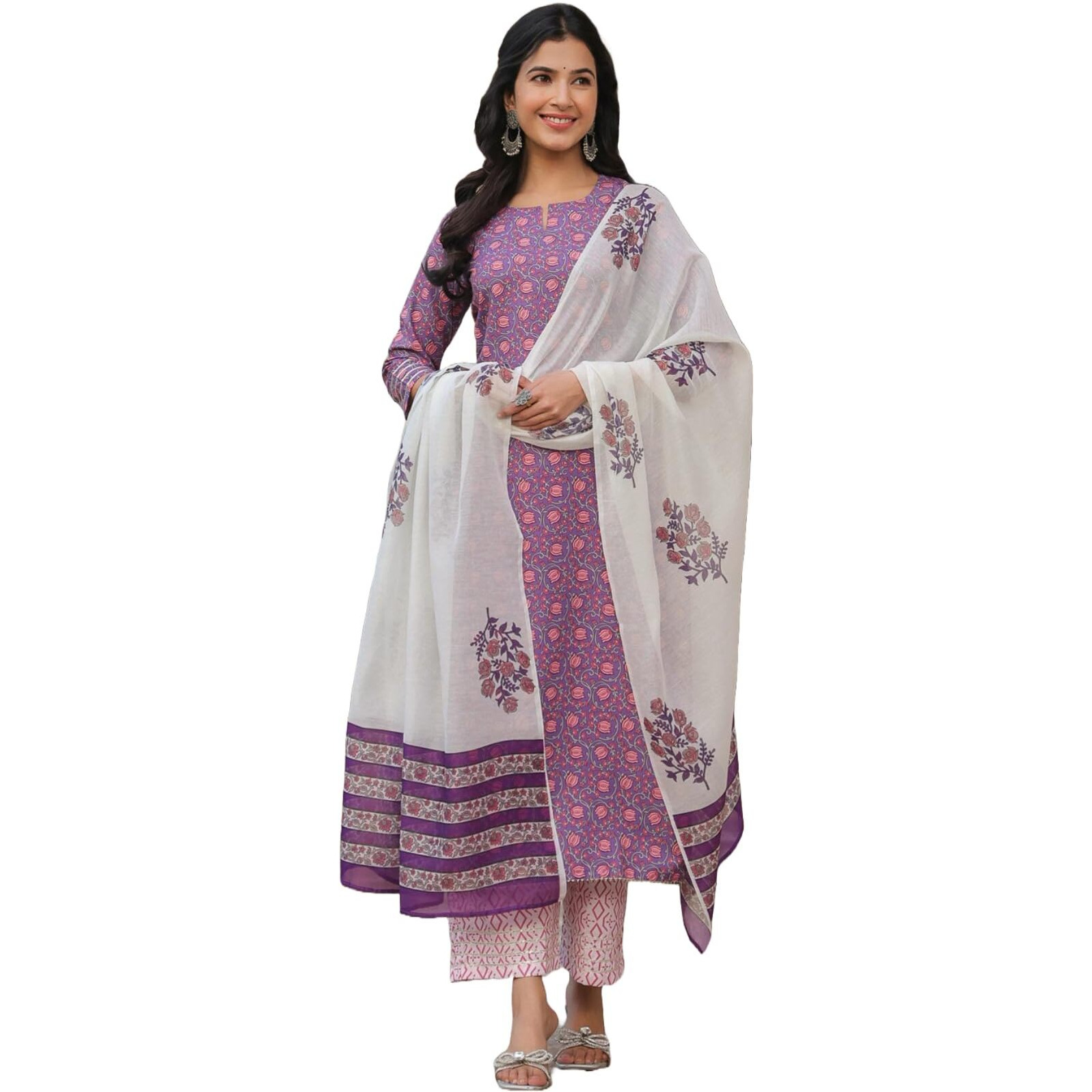 Gosriki Women's Cotton Blend Straight Printed Kurta With Pant & Dupatta (Blockbuster Multi-Nw-Gs_M_Multi_Medium) Multicolour