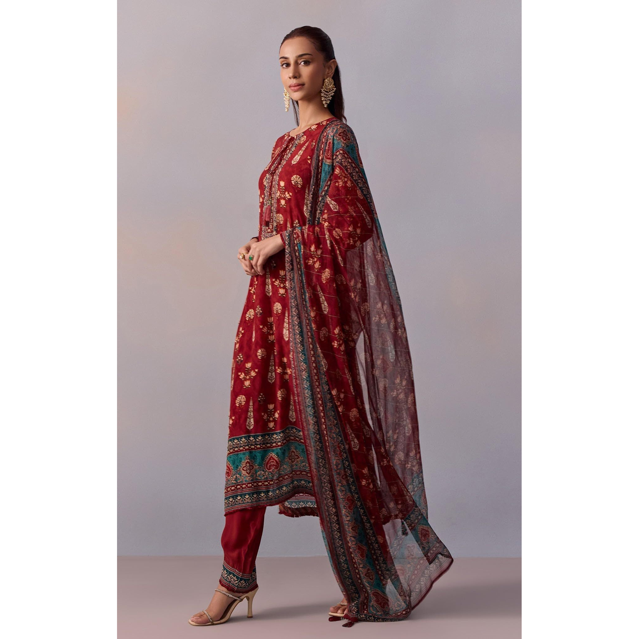 Gosriki Women's Rayon Viscose Straight Printed Kurta With Pant & Dupatta (Malta Red-Gs_Xxl_Red_Xx-Large)