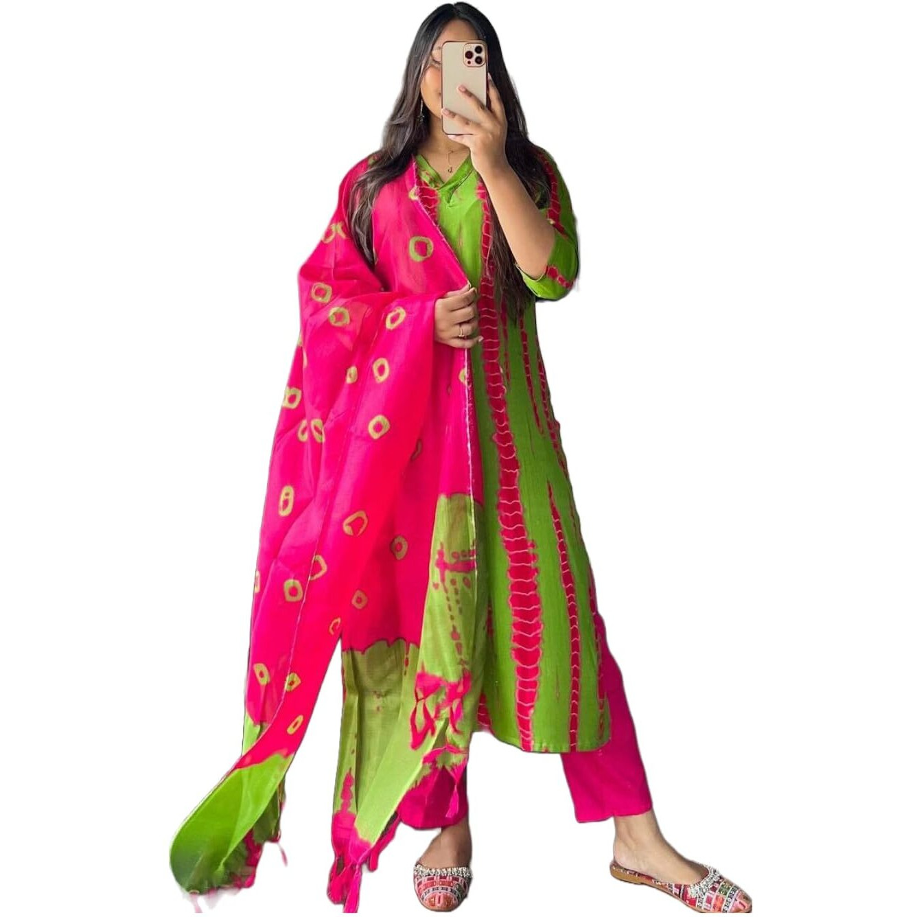 Gosriki Women's Rayon Blend Straight Printed Kurta With Pant & Dupatta (Sibori-Methi-Pac-Gs_L_Green_Large)
