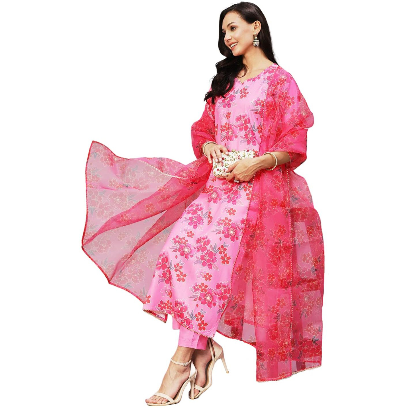 Gosriki Women's Rayon Floral Printed Straight Kurta With Pant & Dupatta (Aamantran-Pink-Nw-Gs_Xxl_Pink_Xx-Large)