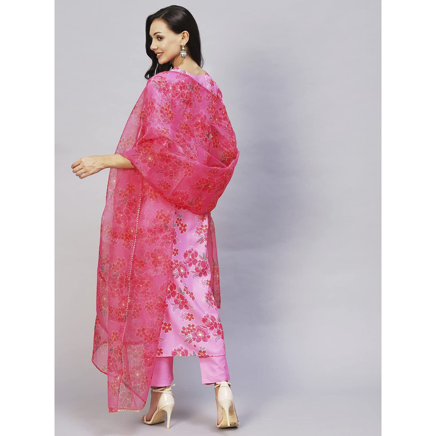 Gosriki Women's Rayon Floral Printed Straight Kurta With Pant & Dupatta (Aamantran-Pink-Nw-Gs_Xxl_Pink_Xx-Large)