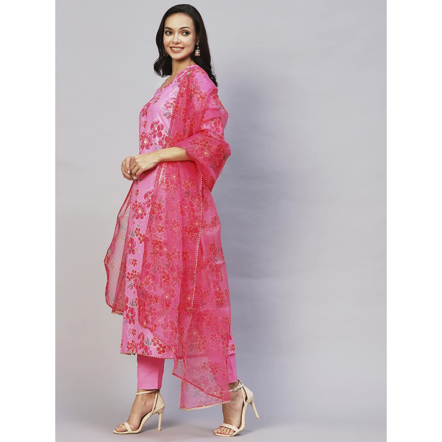 Gosriki Women's Rayon Floral Printed Straight Kurta With Pant & Dupatta (Aamantran-Pink-Nw-Gs_Xxl_Pink_Xx-Large)