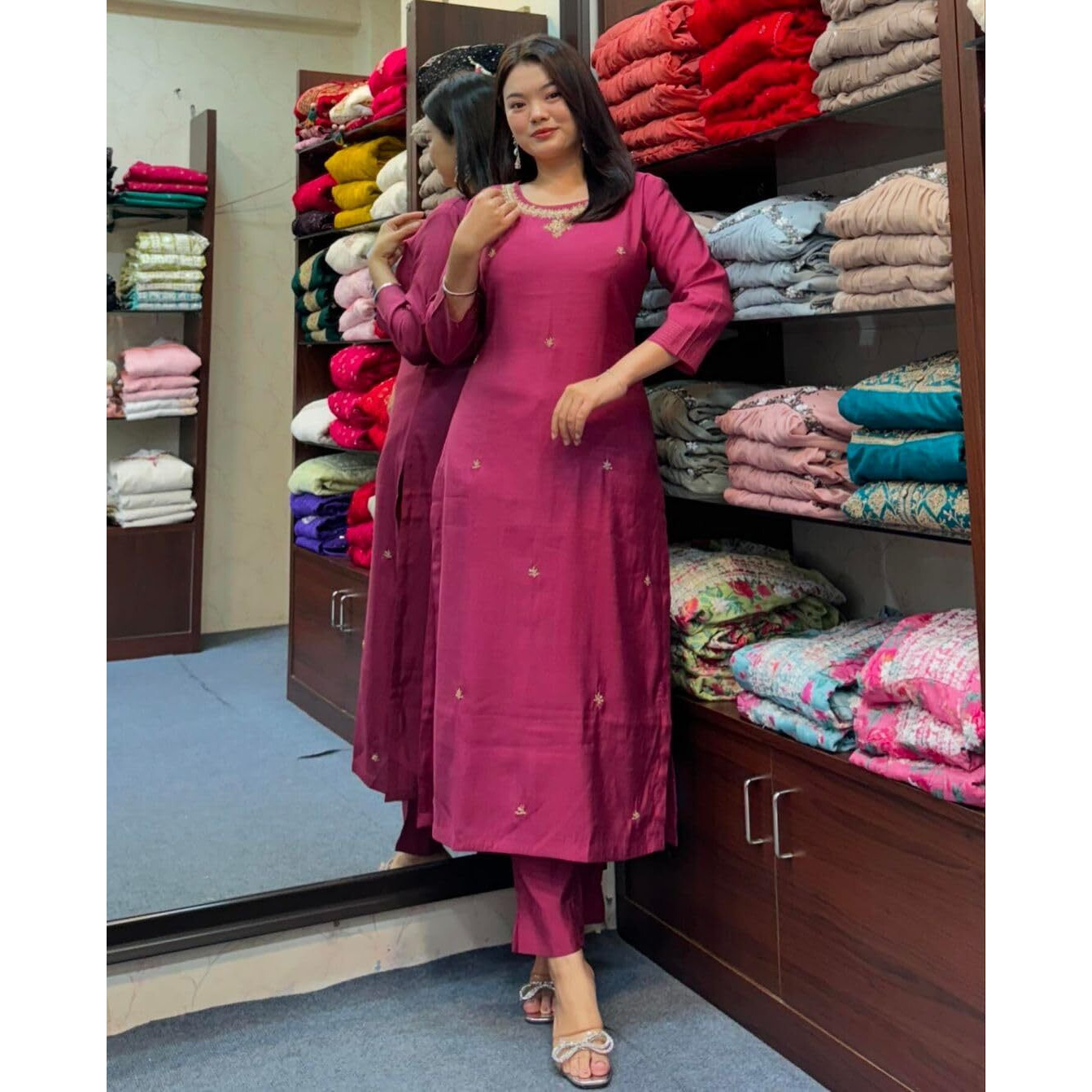 Gosriki Women's Rayon Blend Straight Embroidered Kurta With Pant (Bloom Pink-Gs_M_Pink_Medium)