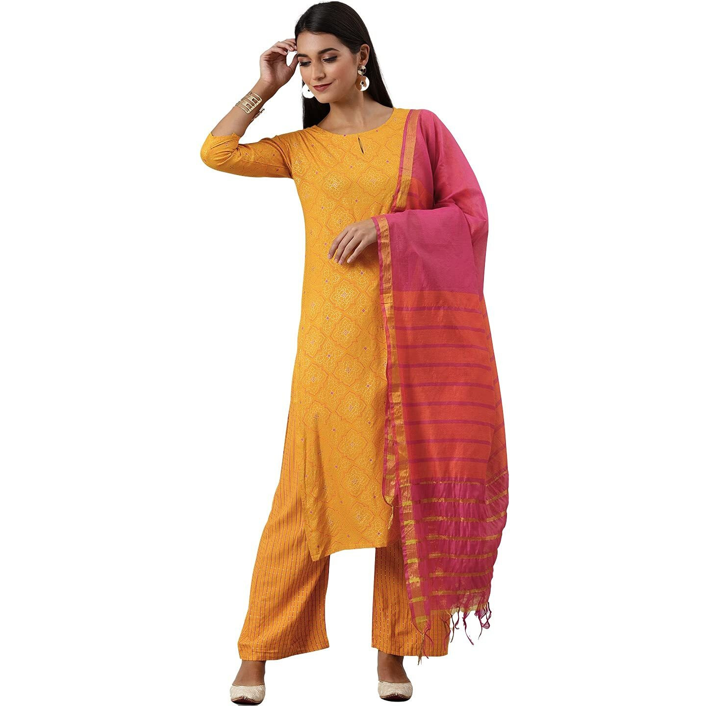 Gosriki Women's Rayon Cotton Straight Foil Printed Kurta, Palazzos And Dupatta (Client-Yellow-New_Xxl-Yellow_Xx-Large)