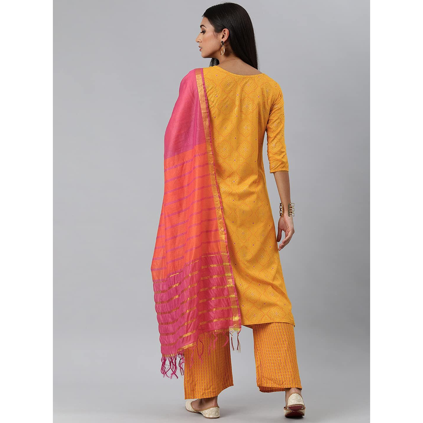 Gosriki Women's Rayon Cotton Straight Foil Printed Kurta, Palazzos And Dupatta (Client-Yellow-New_Xxl-Yellow_Xx-Large)