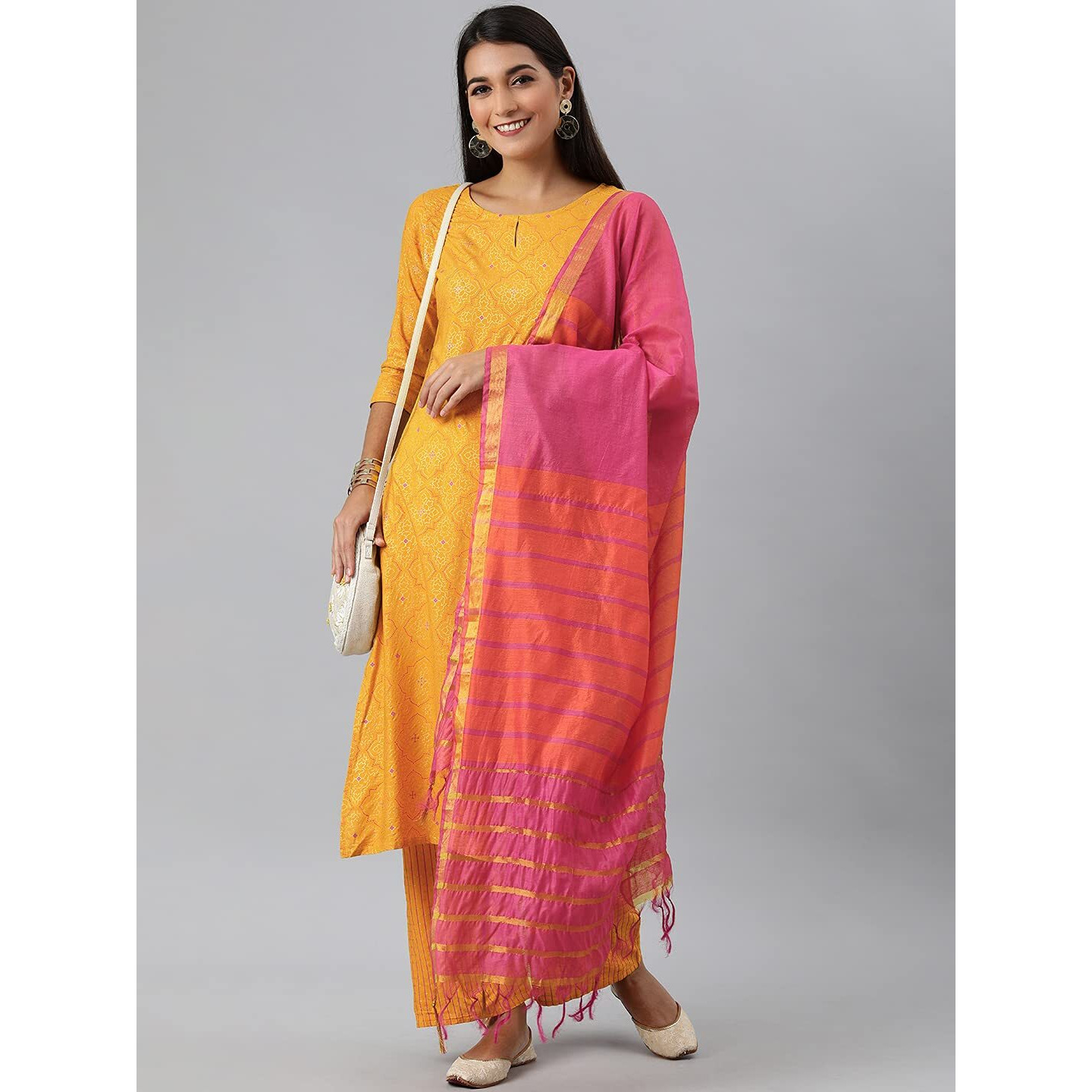 Gosriki Women's Rayon Cotton Straight Foil Printed Kurta, Palazzos And Dupatta (Client-Yellow-New_Xxl-Yellow_Xx-Large)