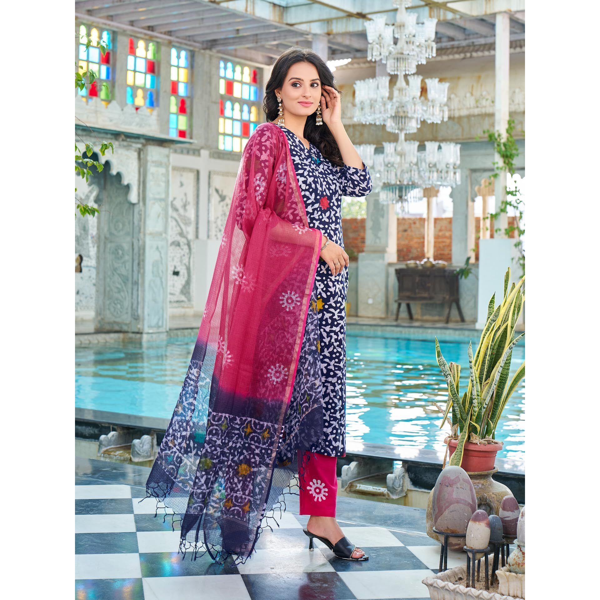 Gosriki Women's Cotton Blend Straight Printed Kurta With Pant & Dupatta (Khara Blue-Nds-Gs_M_Blue_Medium)