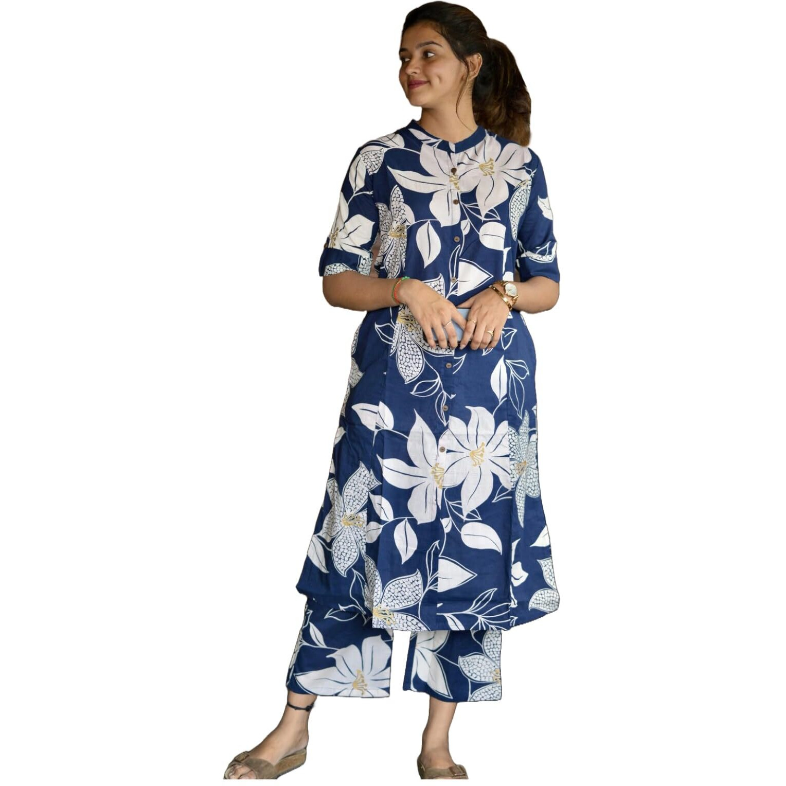 Gosriki Women's Rayon Viscose Straight Printed Kurta With Pant (Sunoni Blue-Vks01-Gs_M_Blue_Medium)