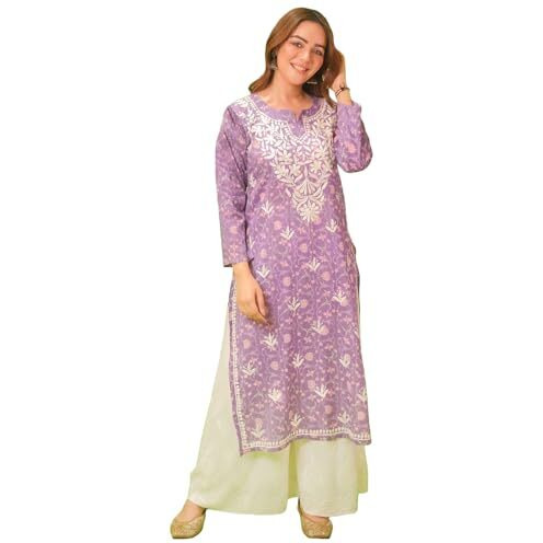 Gosriki Women's Rayon Blend Straight Chikankari Embroidered Kurta (Nakusha Purple-Gs_L_Purple_Large)