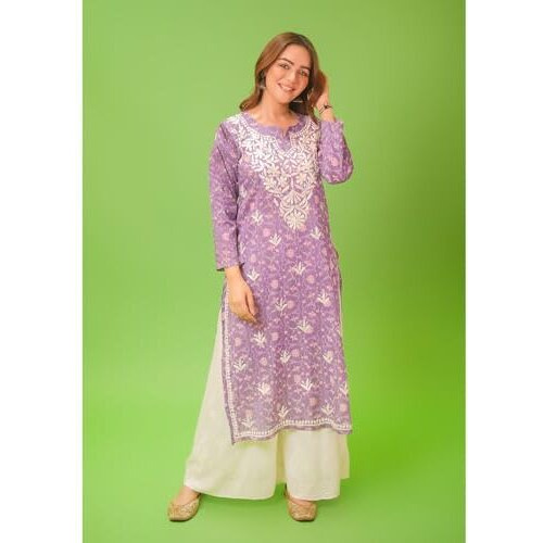 Gosriki Women's Rayon Blend Straight Chikankari Embroidered Kurta (Nakusha Purple-Gs_L_Purple_Large)