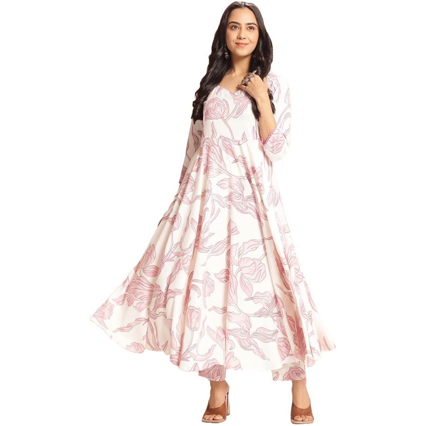 Gosriki Women's Rayon Viscose Anarkali Printed Kurta With Pant (Rishiva Cream-Gs_Xl_Cream_X-Large)