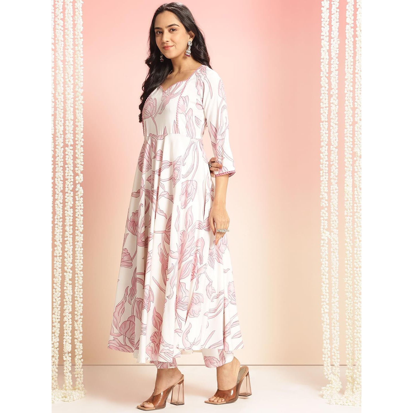 Gosriki Women's Rayon Viscose Anarkali Printed Kurta With Pant (Rishiva Cream-Gs_Xl_Cream_X-Large)