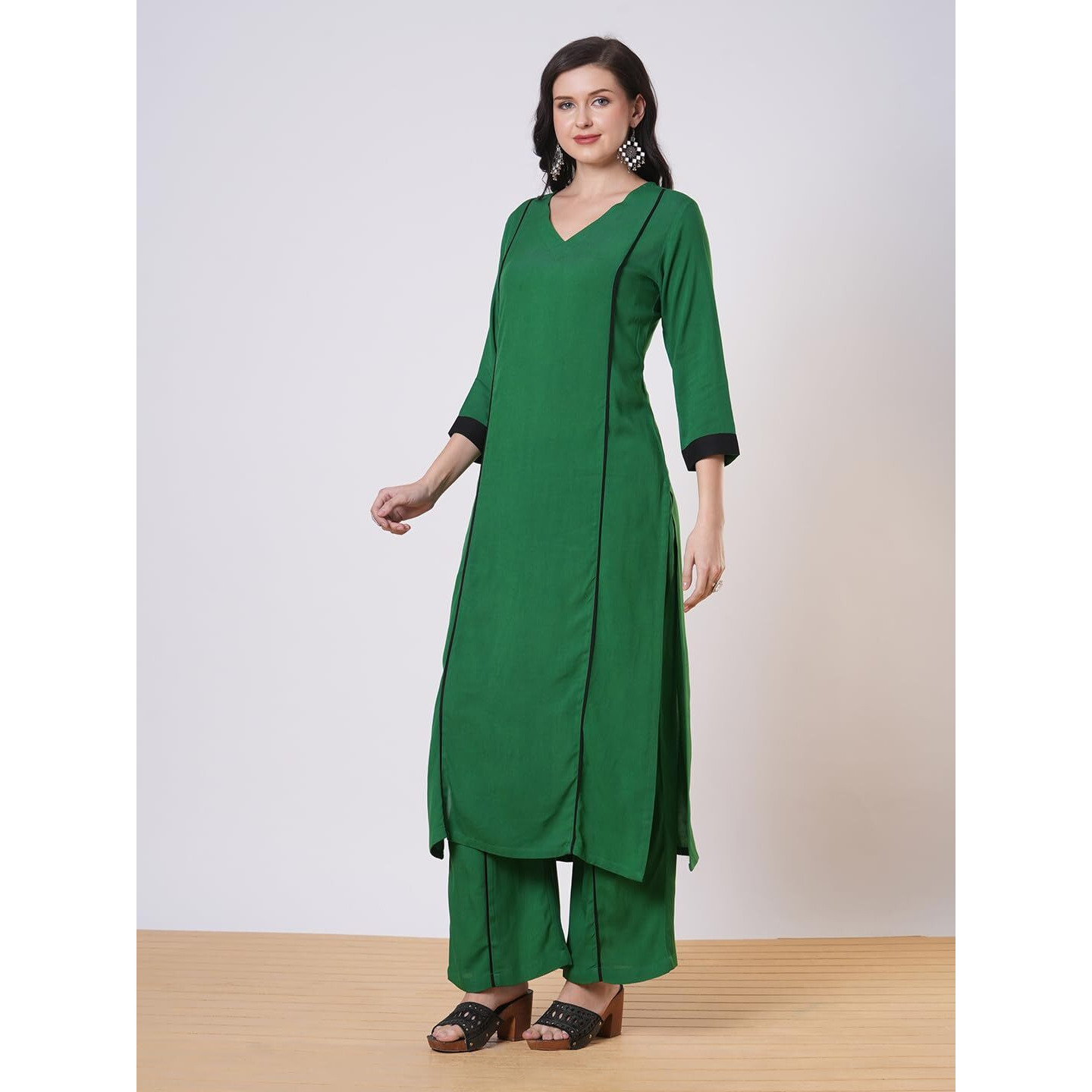 Gosriki Women's Rayon Viscose Straight Solid Kurta With Palazzo (Papita Green-Vks01-Gs_L_Green_Large)