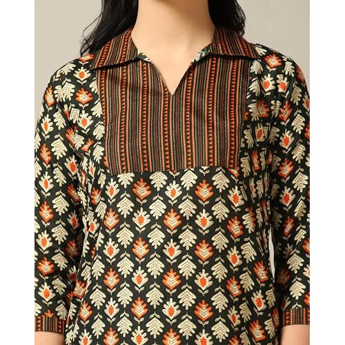 Toplot Women's Cotton Blend Printed Straight Kurta With Pant (Kurta-Pant-5175-Black-S)