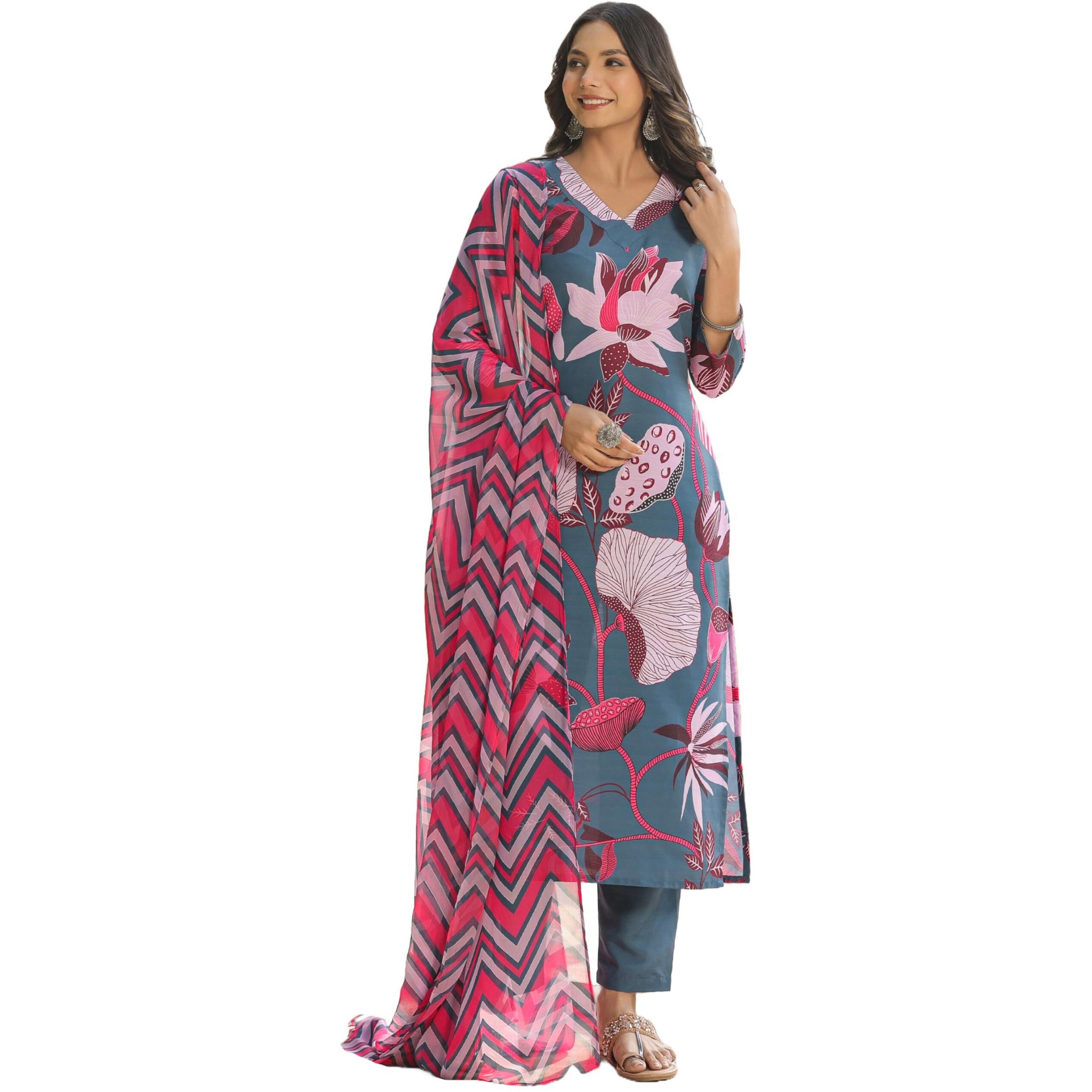 Gosriki Women's Cotton Blend Straight Printed Kurta With Pant & Dupatta (Sohini Grey-Gs_Xl_Grey_X-Large)