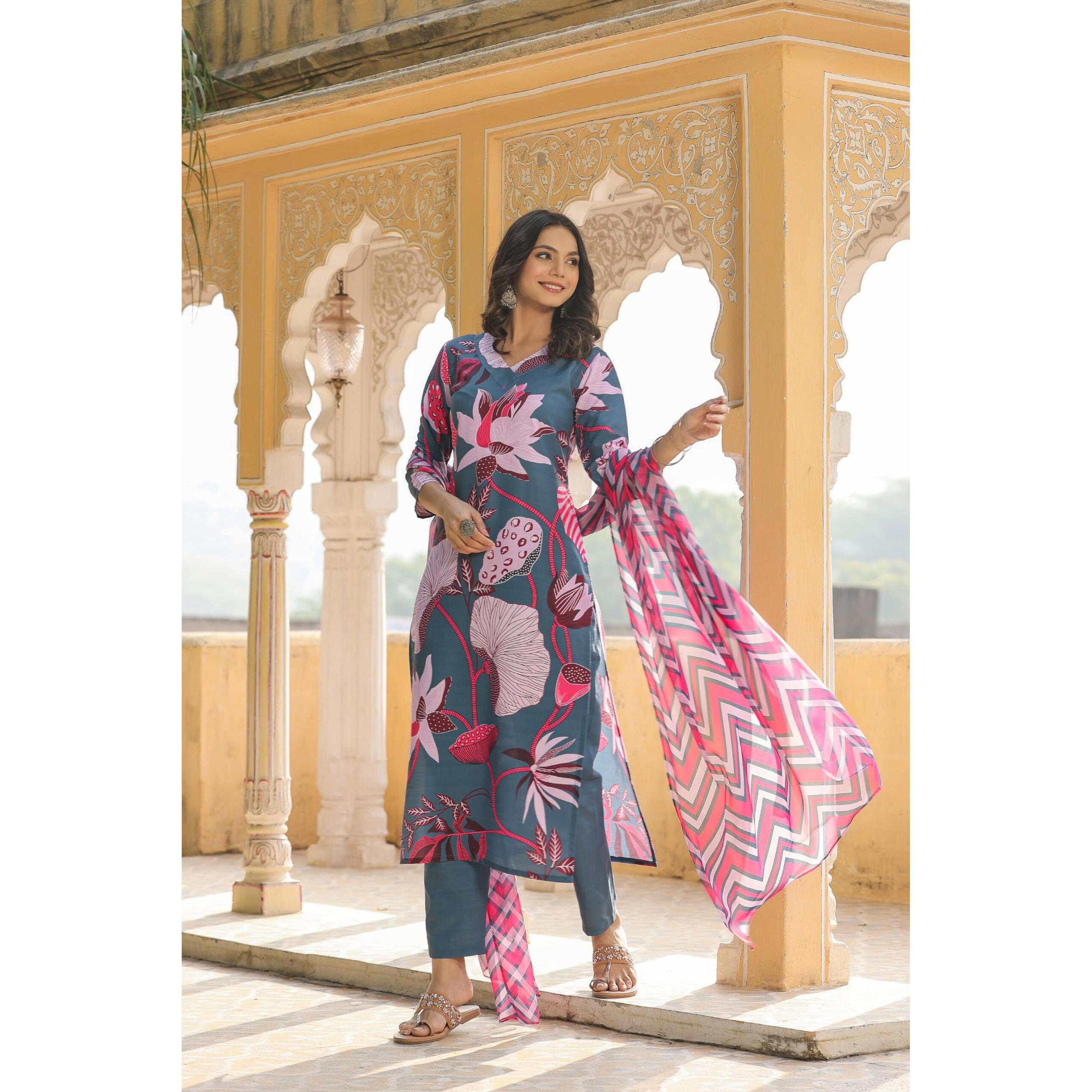 Gosriki Women's Cotton Blend Straight Printed Kurta With Pant & Dupatta (Sohini Grey-Gs_Xl_Grey_X-Large)