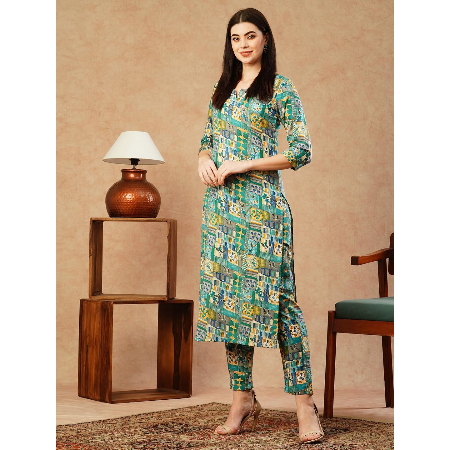 Gosriki Women's Cotton Blend Straight Printed Kurta With Pant (Ing 10 Blue-Gs_M_Blue_Medium)