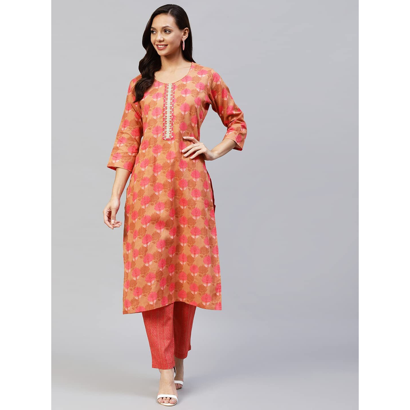 Gosriki Women's Cotton Blend Printed Straight Kurta With Pant (Vadidev Orange-Gs_S_Orange_Small)