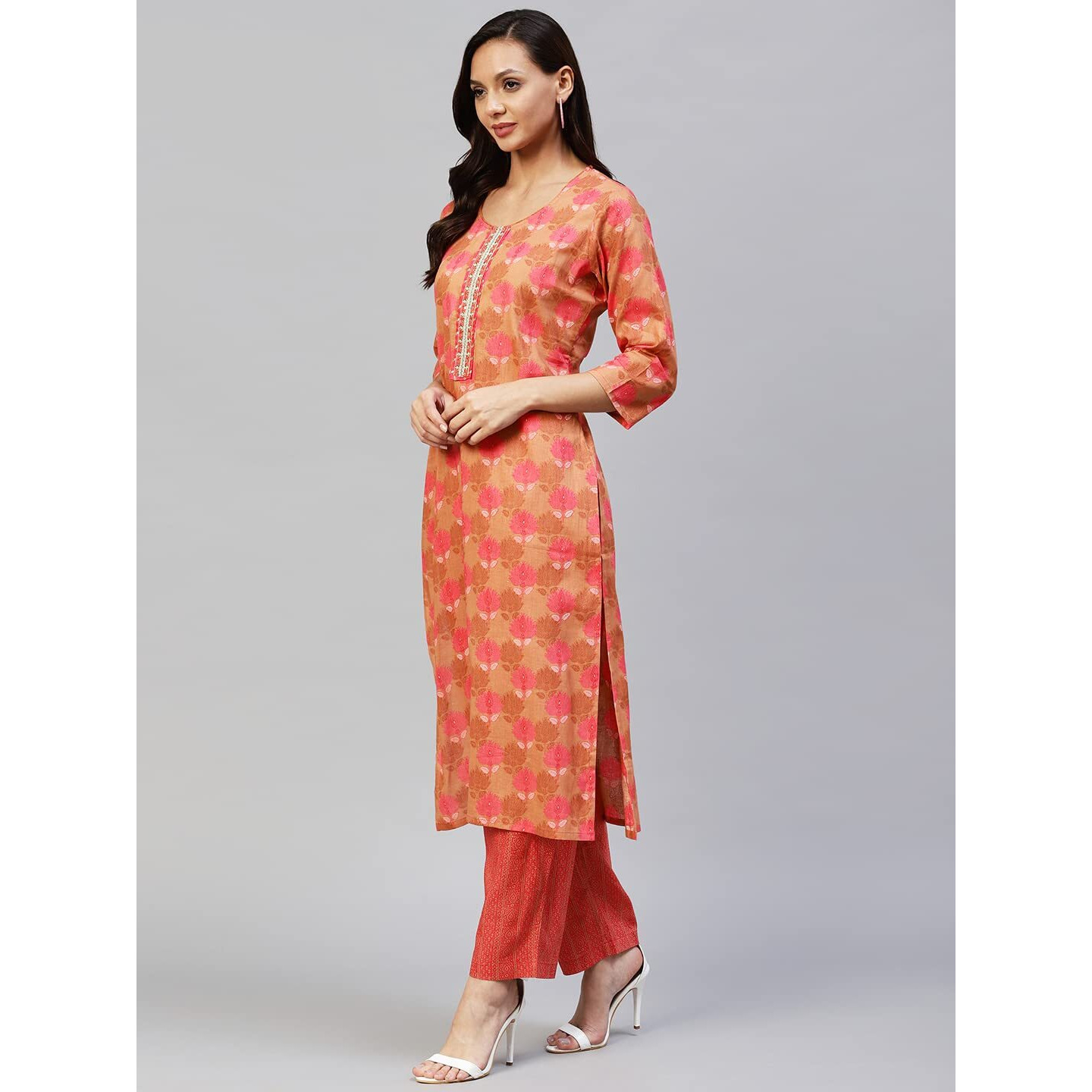 Gosriki Women's Cotton Blend Printed Straight Kurta With Pant (Vadidev Orange-Gs_S_Orange_Small)