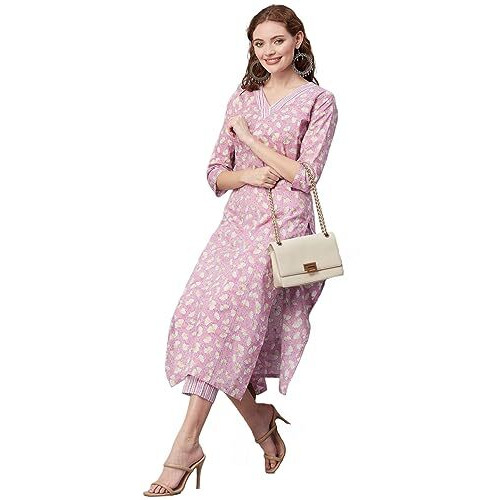 Gosriki Women's Cotton Blend Printed Straight Kurta With Pant (Mush Purple-Gs_L_Purple_Large)