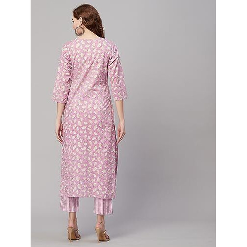 Gosriki Women's Cotton Blend Printed Straight Kurta With Pant (Mush Purple-Gs_L_Purple_Large)