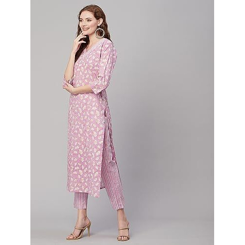 Gosriki Women's Cotton Blend Printed Straight Kurta With Pant (Mush Purple-Gs_L_Purple_Large)