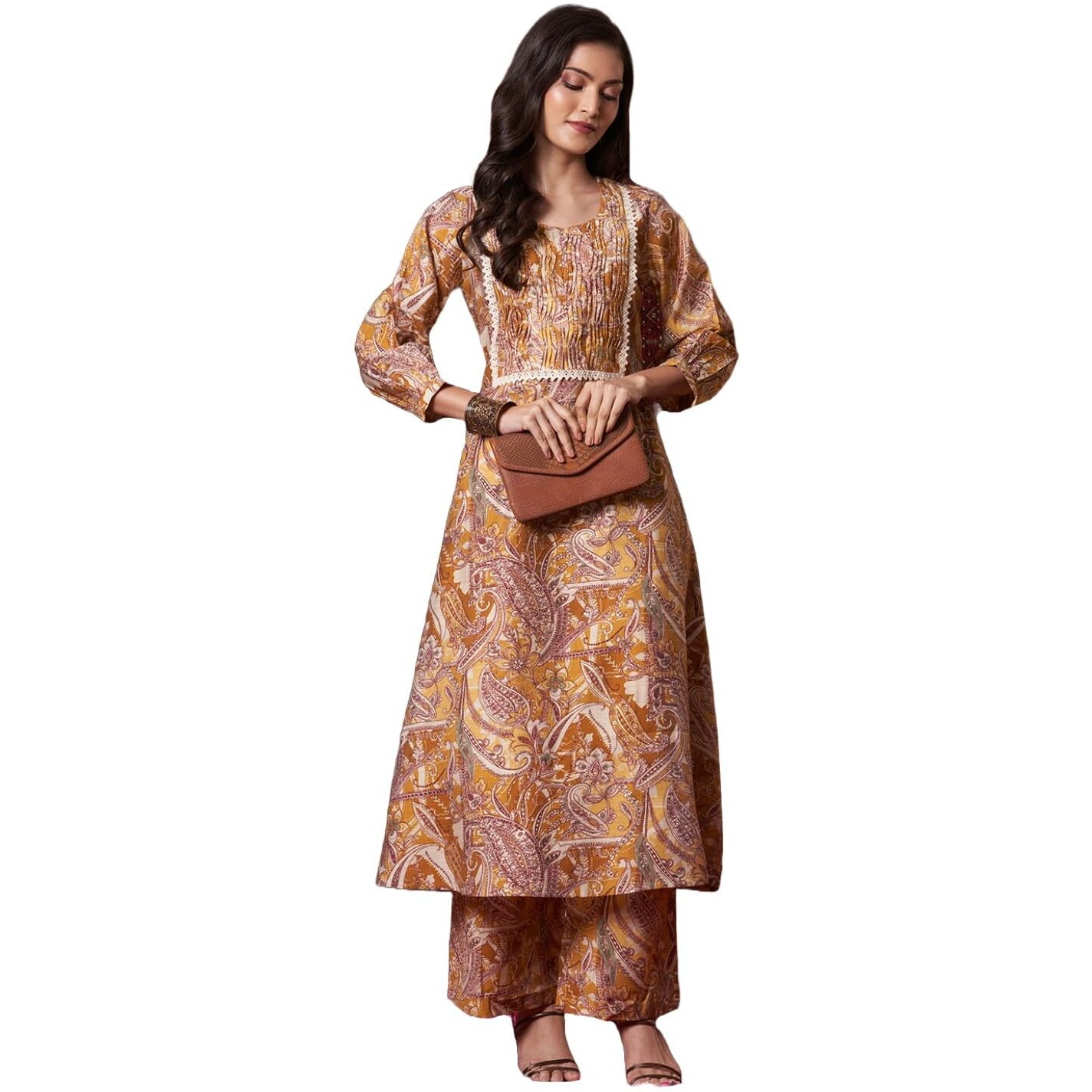 Gosriki Women's Rayon Blend Anarkali Printed Kurta With Palazzo (Marco Yellow-Gs_M_Yellow_Medium)