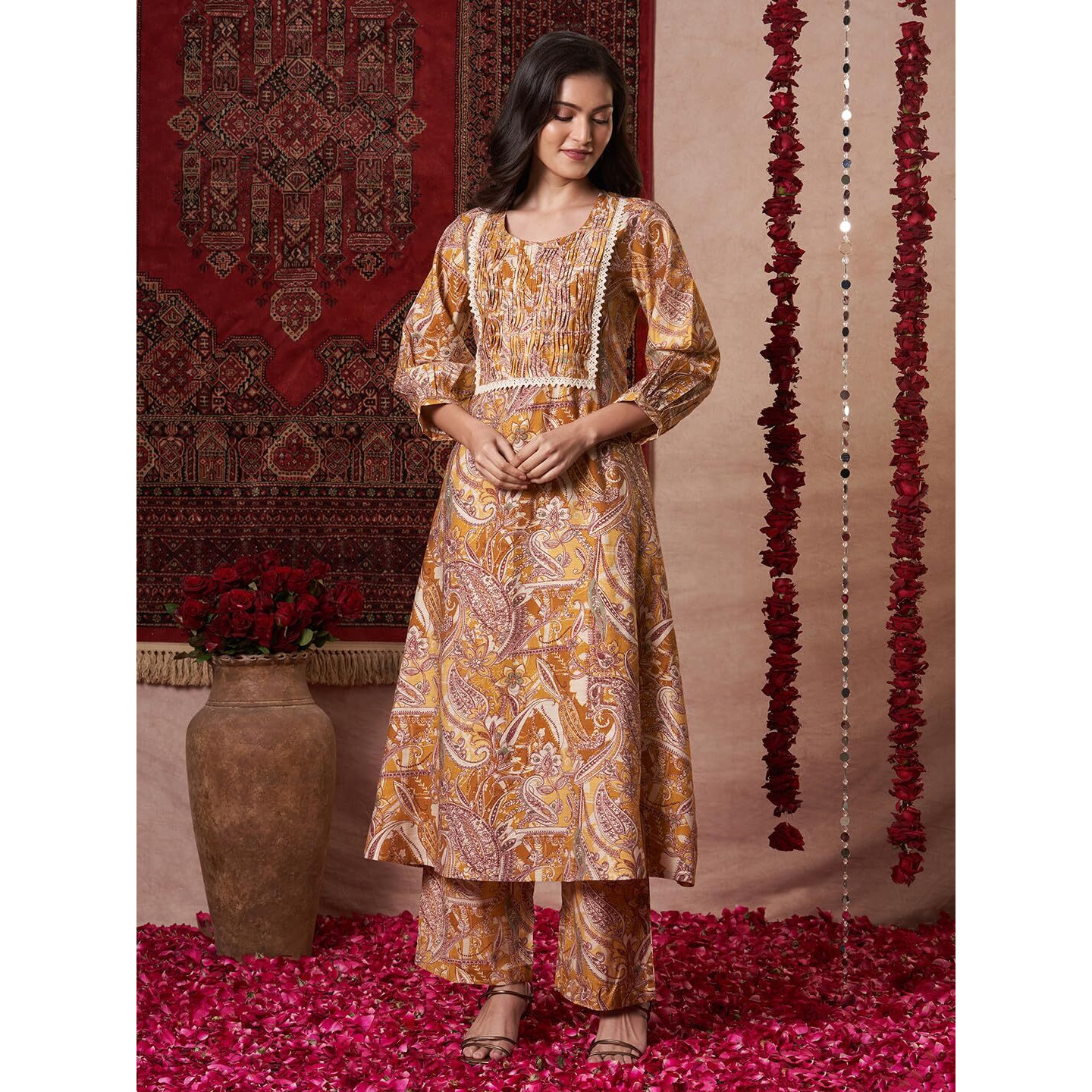 Gosriki Women's Rayon Blend Anarkali Printed Kurta With Palazzo (Marco Yellow-Gs_M_Yellow_Medium)