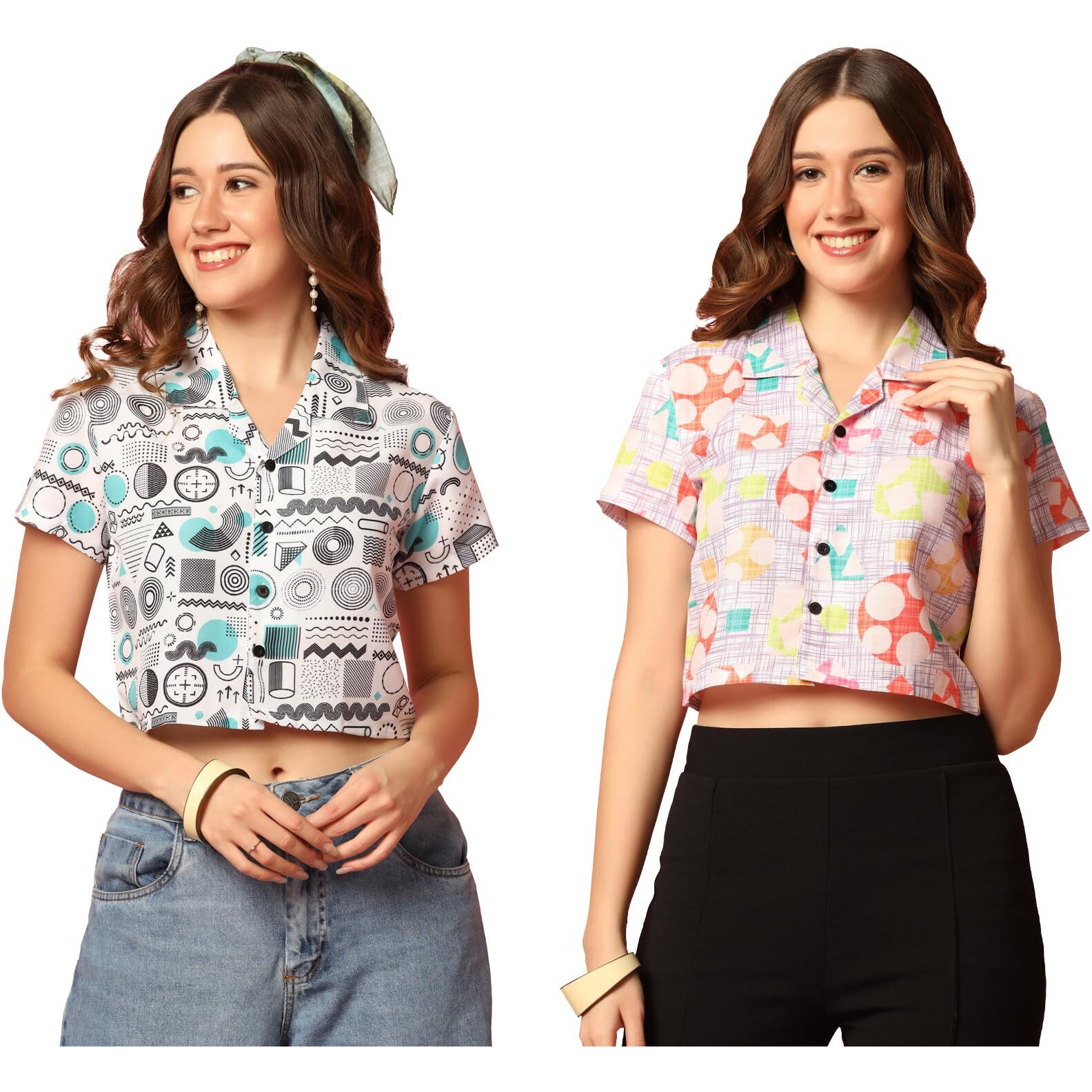 Toplot Women's Casual Printed Crop Shirt With Half Sleeve Pack Of 2 (Combo-5059-Mlt-Rou-M)