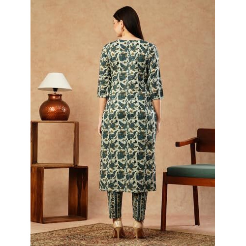 Gosriki Women's Cotton Blend Straight Printed Kurta With Pant (Droom Green-Gs_Xxl_Green_Xx-Large)