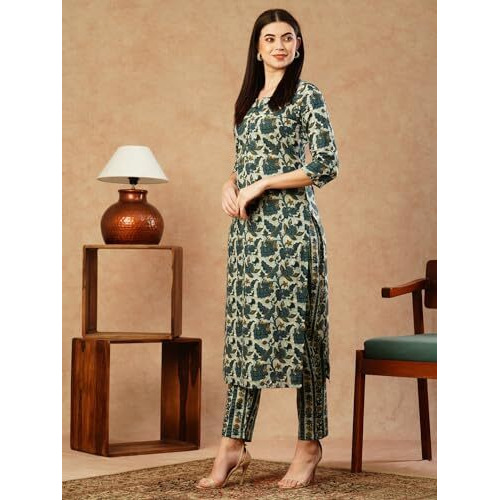 Gosriki Women's Cotton Blend Straight Printed Kurta With Pant (Droom Green-Gs_Xxl_Green_Xx-Large)