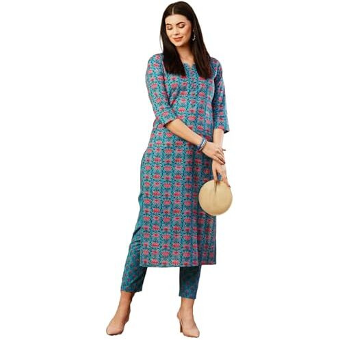 Gosriki Women's Cotton Blend Straight Printed Kurta With Pant (Aagmi Blue-Gs_M_Blue_Medium)