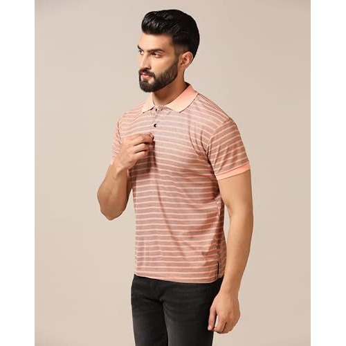 Toplot Men's Regular Fit Half Sleeve Casual Polo T-Shirt (Lining-Polo-5166-Peach-L)