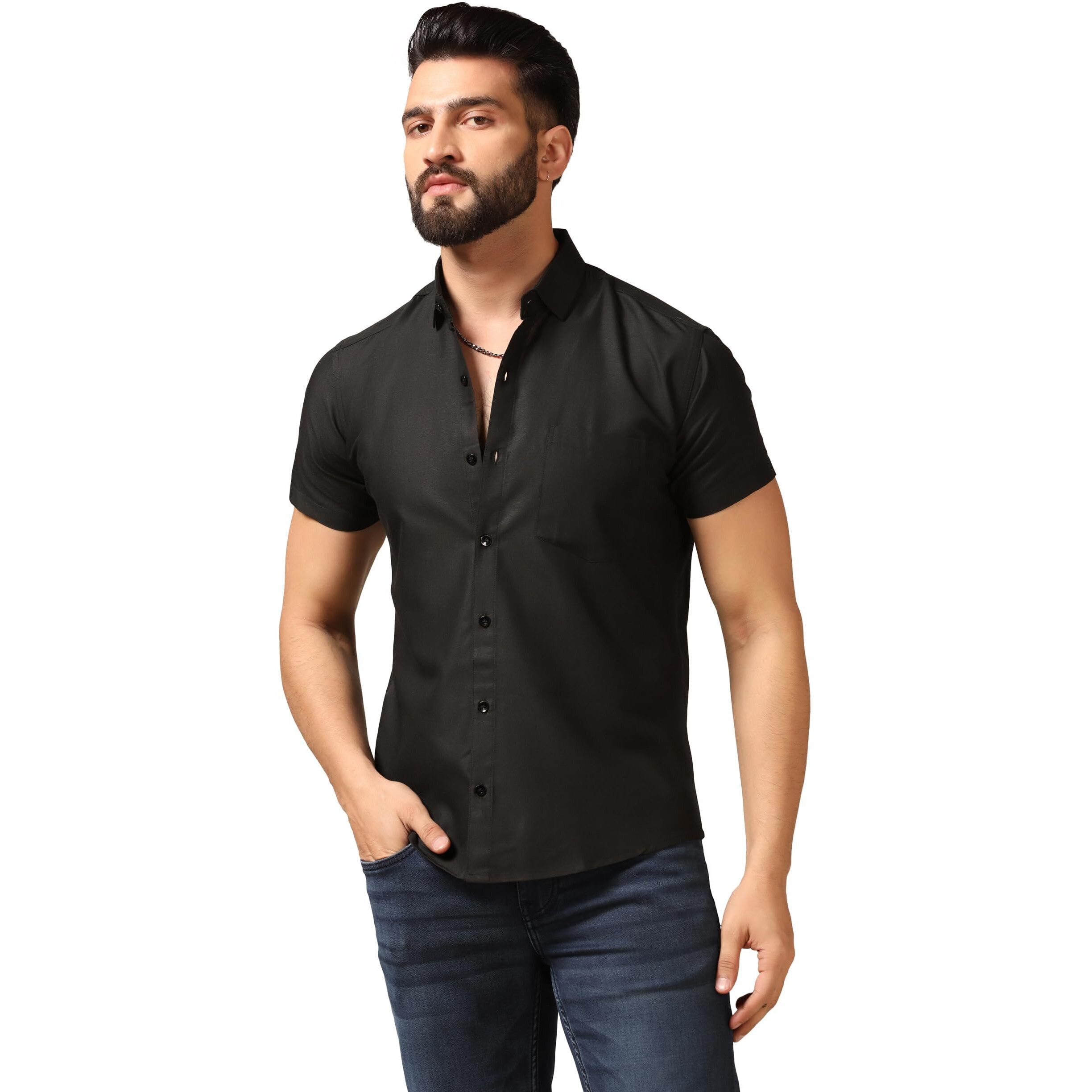 Toplot Men's Regular Fit Solid Casual Shirt With Pocket Design With Spread Collar & Half Sleeves (Half-Pocket-5179-Black-Xxl)